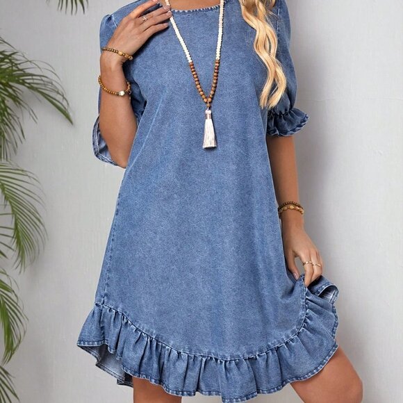 Blue Casual Women's Round Neck Short Puff Sleeve Denim Dress With Ruffled Hem - Picture 3 of 5
